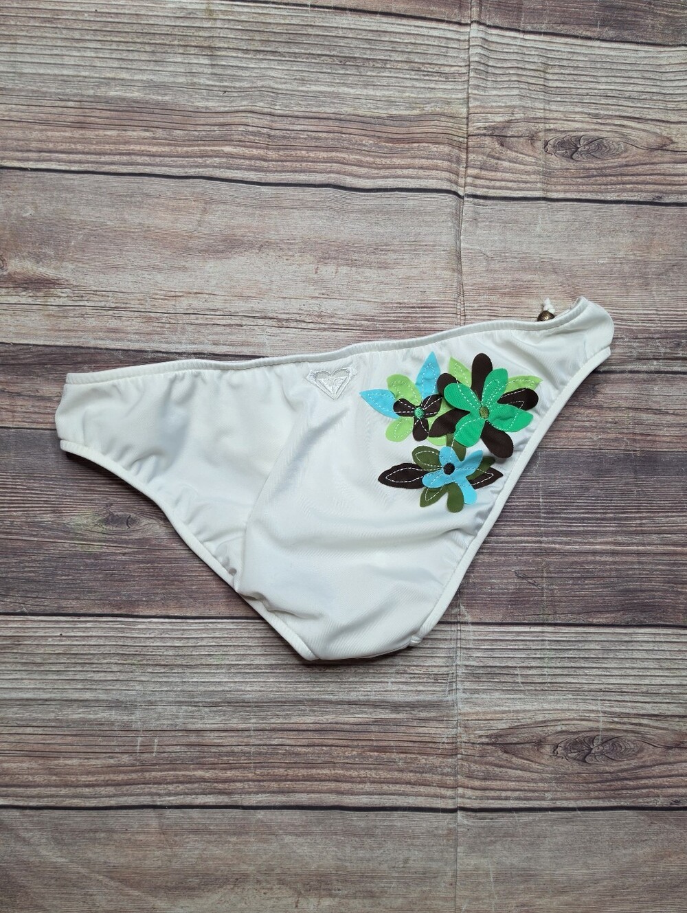 Roxy White Green Blue Floral Applique Bikini Bottom